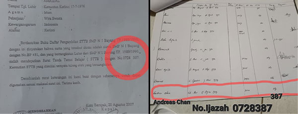 Surat kehilangan ijazah Amrizal dan buku pengambilan ijazah asli Andres Chan | tim