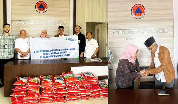 BPJS Ketenagakerjaan Cabang Muarojambi memberikan bantuan beras sebagai bentuk kepedulian terhadap para korban banjir di Kabupaten Muarojambi | dok bpjs