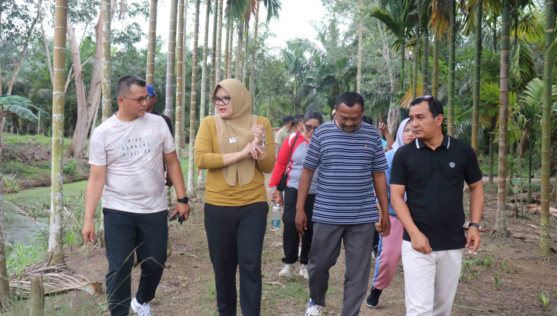 Bupati Tanjung Jabung Timur, Dillah Hikmah Sari, meninjau saluran air tersumbat, di Desa Catur Rahayu, Jumat | dki-tjt