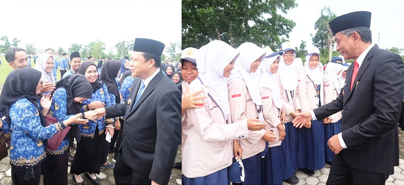 Bupati Muaro Jambi, Bambang Bayu Suseno, dan Wakil Bupati Junaidi Mahir menyalami peserta upacara Hari Kesaktian Pancasila, Rabu | dki-mj