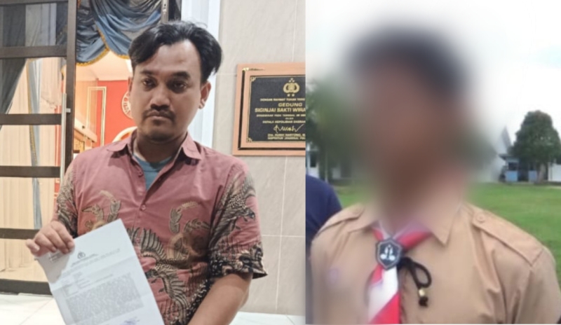 Agus Saputra setelah melapor ke Polda Jambi (kiri), salah seorang siswa yang terlibat (kanan) | sn